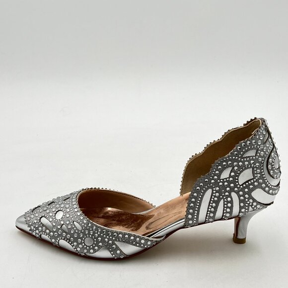 XYD Silver Elegant Pointed Toe D'Orsay Kitten Low Heel Rhinestone Studs Pumps - Picture 2 of 8